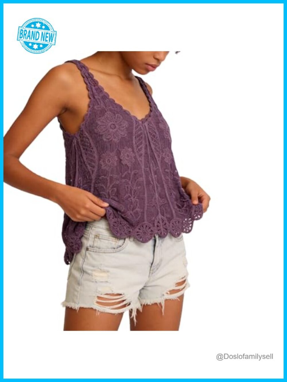Lace Embroidered Cami Tank Top Sleeveless Scalloped Hem V-Neck